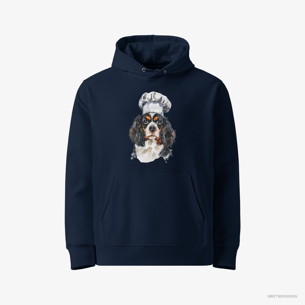 Cavalier King Charles Spaniel Hoodie – Men Navy Hoodie Eco-Friendly – Wearing a Chef's Uniform (on White Background)