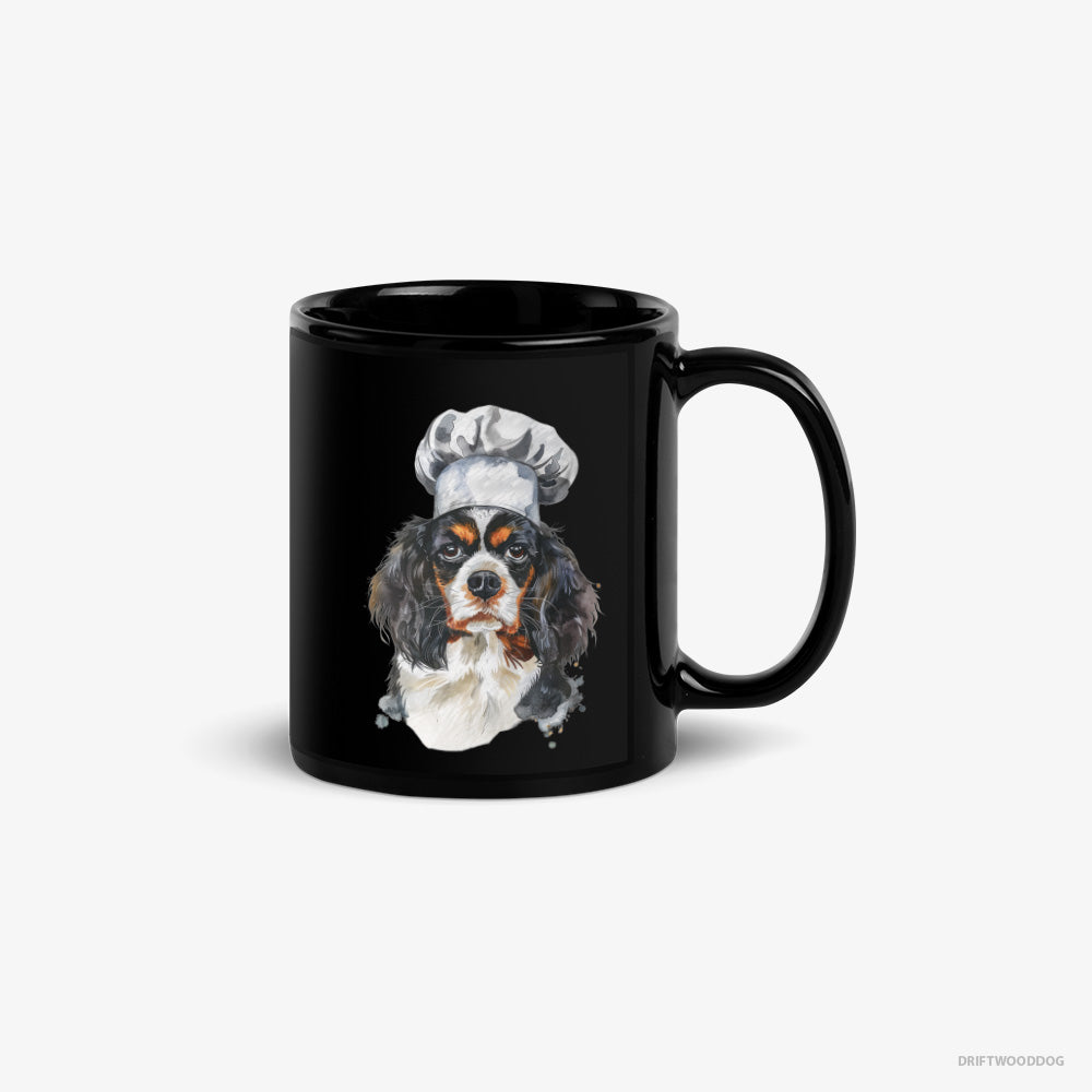 Cavalier King Charles Spaniel Mug – Unisex Black Mug Classic – Wearing a Chef's Uniform (on White Background)