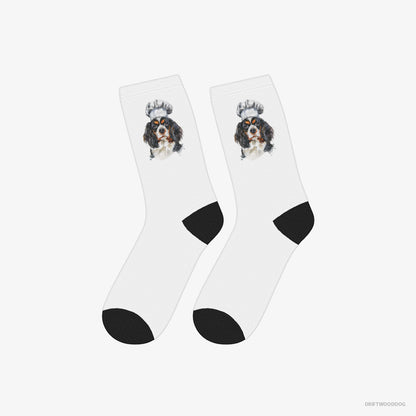 Cavalier King Charles Spaniel Socks – Unisex White Socks Classic – Wearing a Chef's Uniform (on White Background)