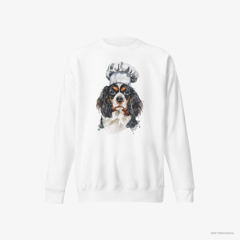 Cavalier King Charles Spaniel Sweatshirt – Men White Sweatshirt Eco-Friendly – Wearing a Chef's Uniform (on White Background)