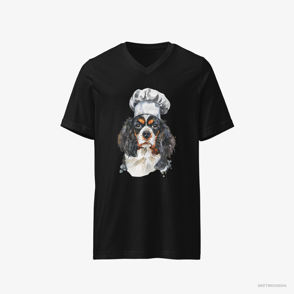 Cavalier King Charles Spaniel T-Shirt – Men Black T-Shirt V-Neck – Wearing a Chef's Uniform (on White Background)