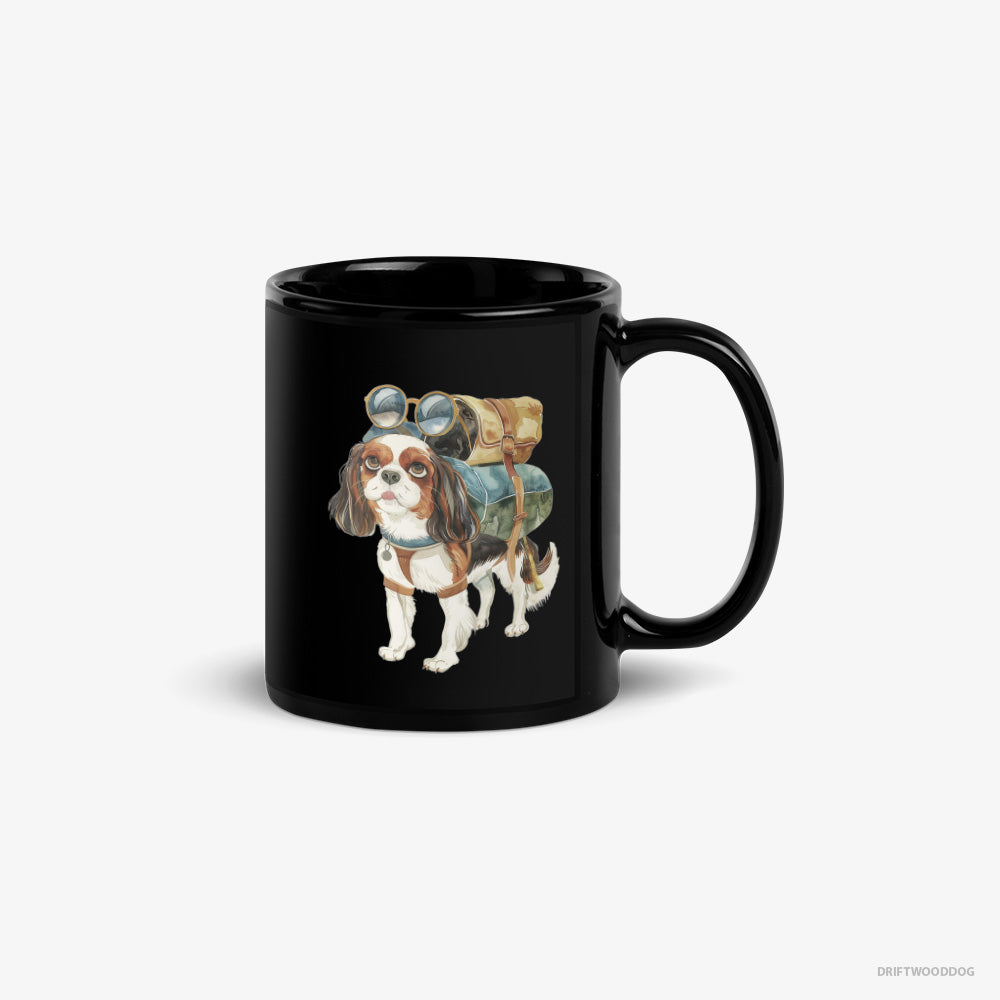 Cavalier King Charles Spaniel Mug – Unisex Black Mug Classic – Hiking (on White Background)