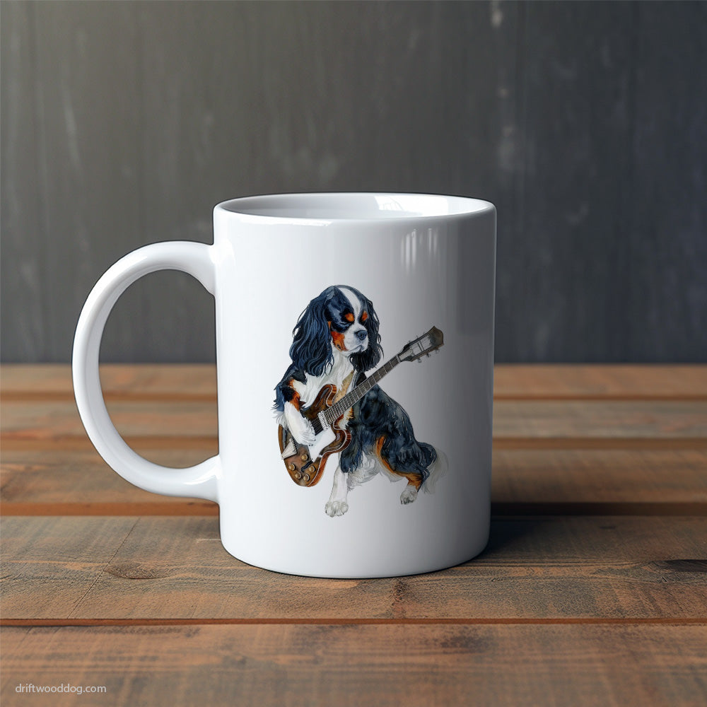 Dreamy Cavalier King Charles Spaniel Performing with a Rock Guitar Mug – Cute Dog-Themed Mugs | Perfect Gifts for Dog Lovers