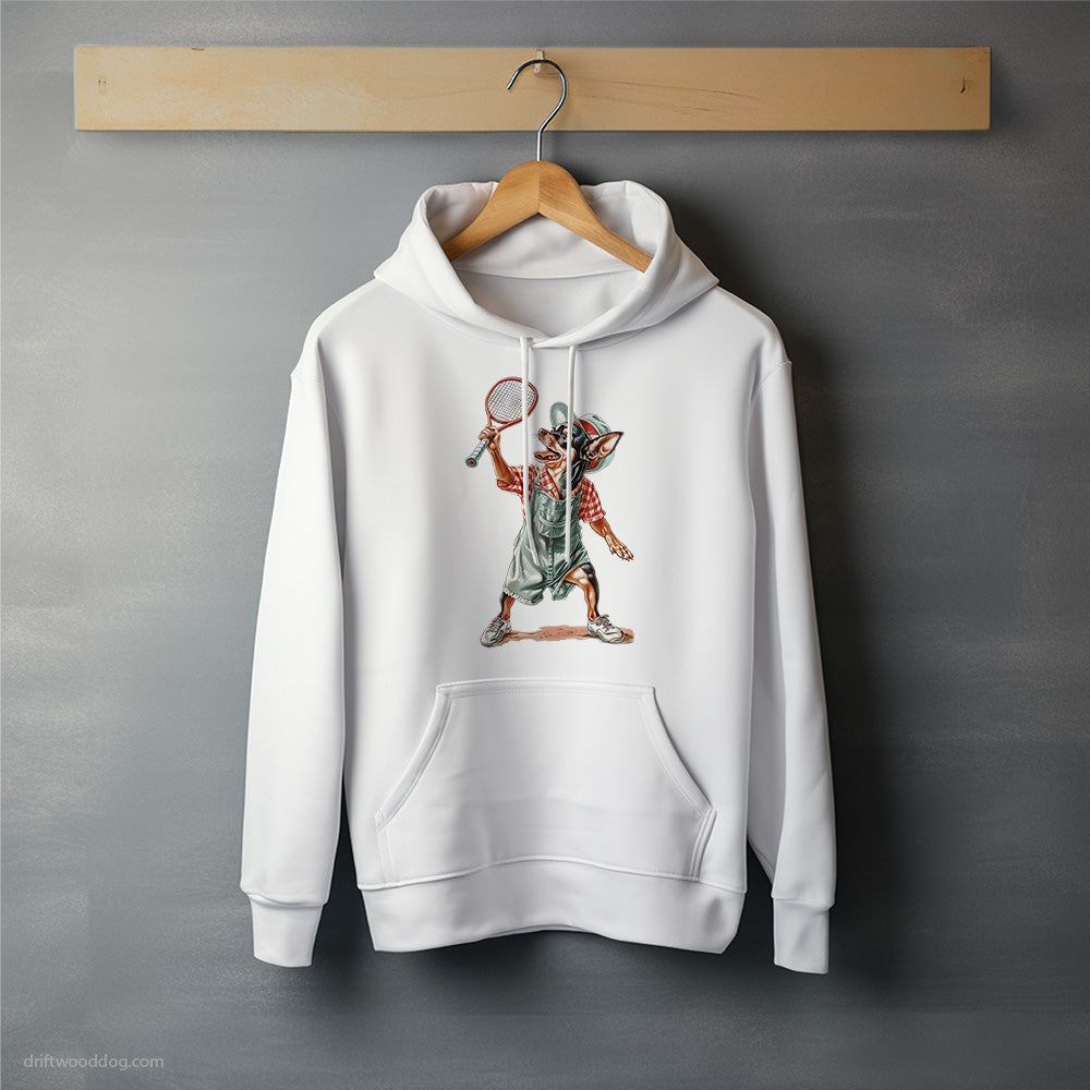 Black Chihuahua Playing Tennis on the Tennis Court Hoodie – Unisex Hoodie for Dog Lovers