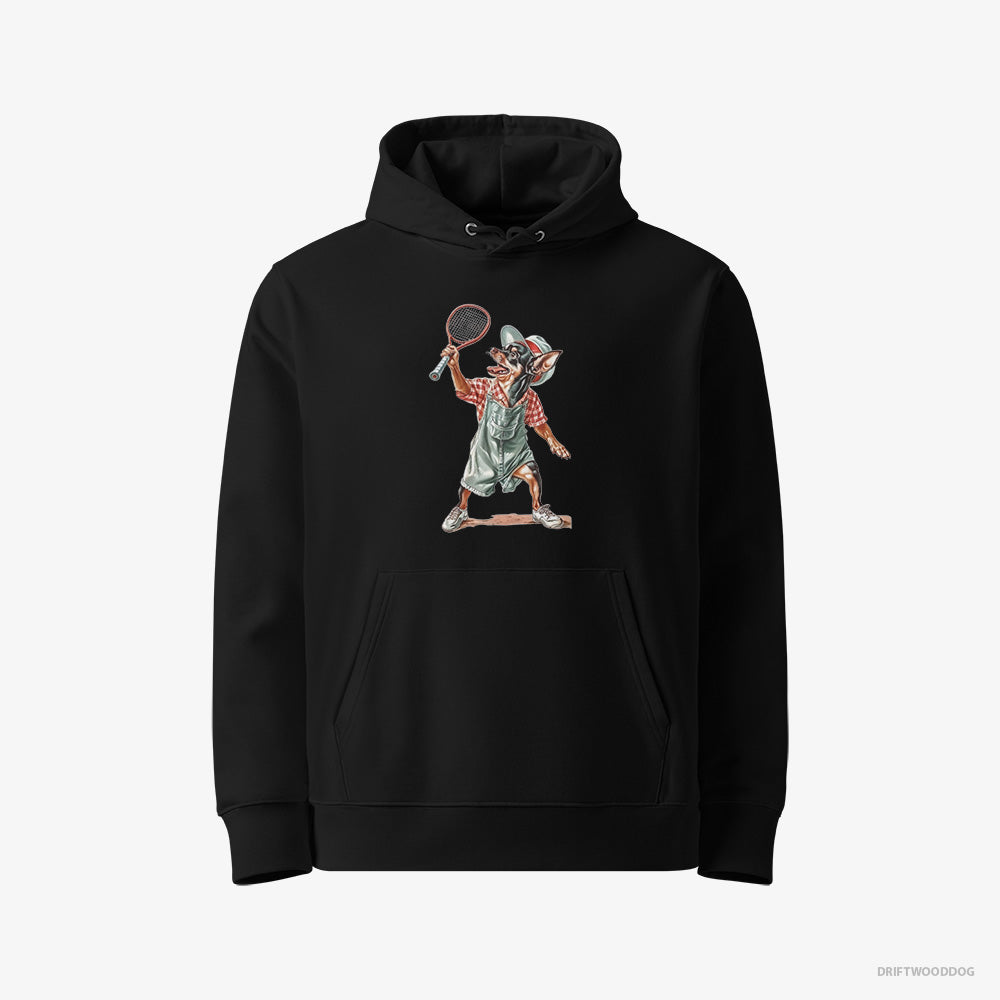 Chihuahua Hoodie – Women Black Hoodie Eco-Friendly – Playing Tennis on the Tennis Court (on White Background)