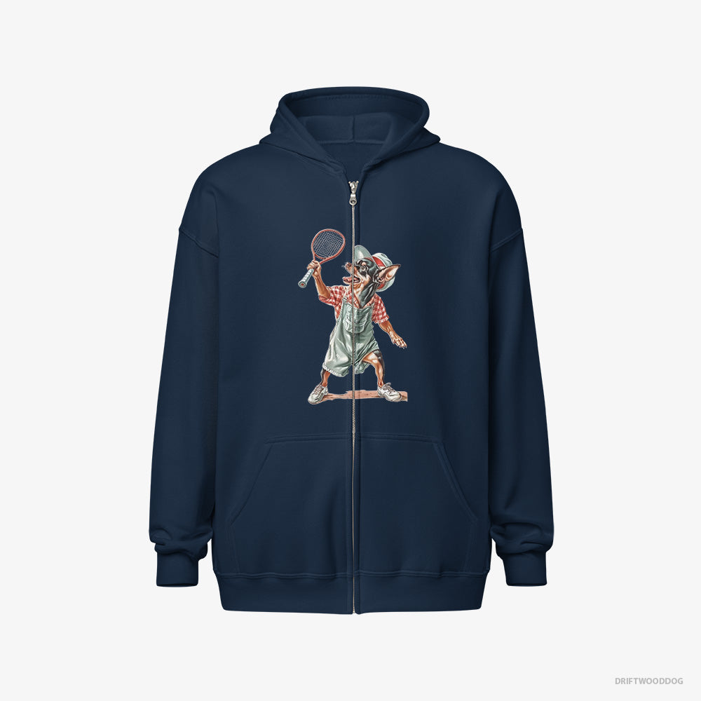 Chihuahua Hoodie – Women Navy Hoodie Full-Zip – Playing Tennis on the Tennis Court (on White Background)