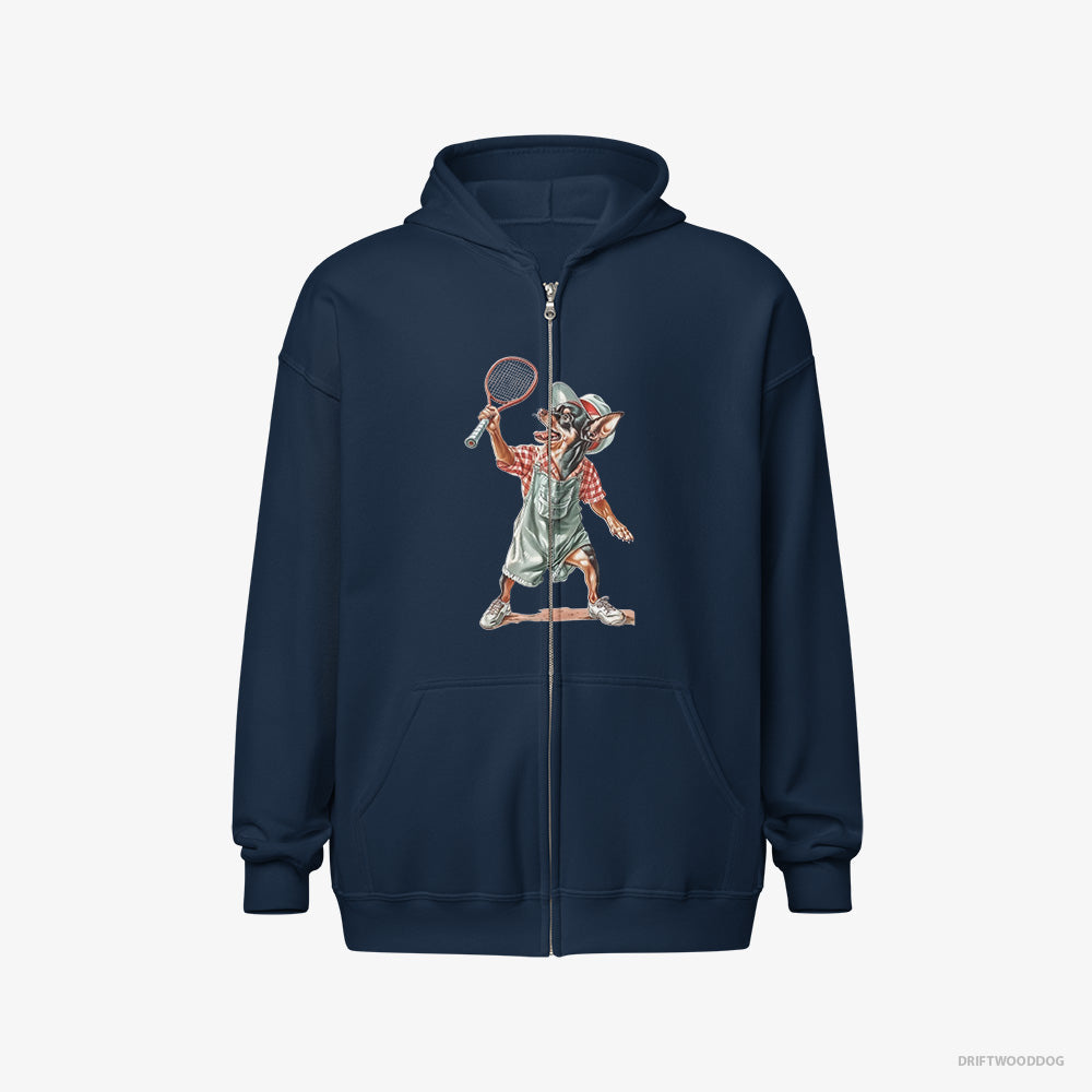 Black Chihuahua Playing Tennis on the Tennis Court – Women's Hoodie Navy Full-Zip – Full-Zip