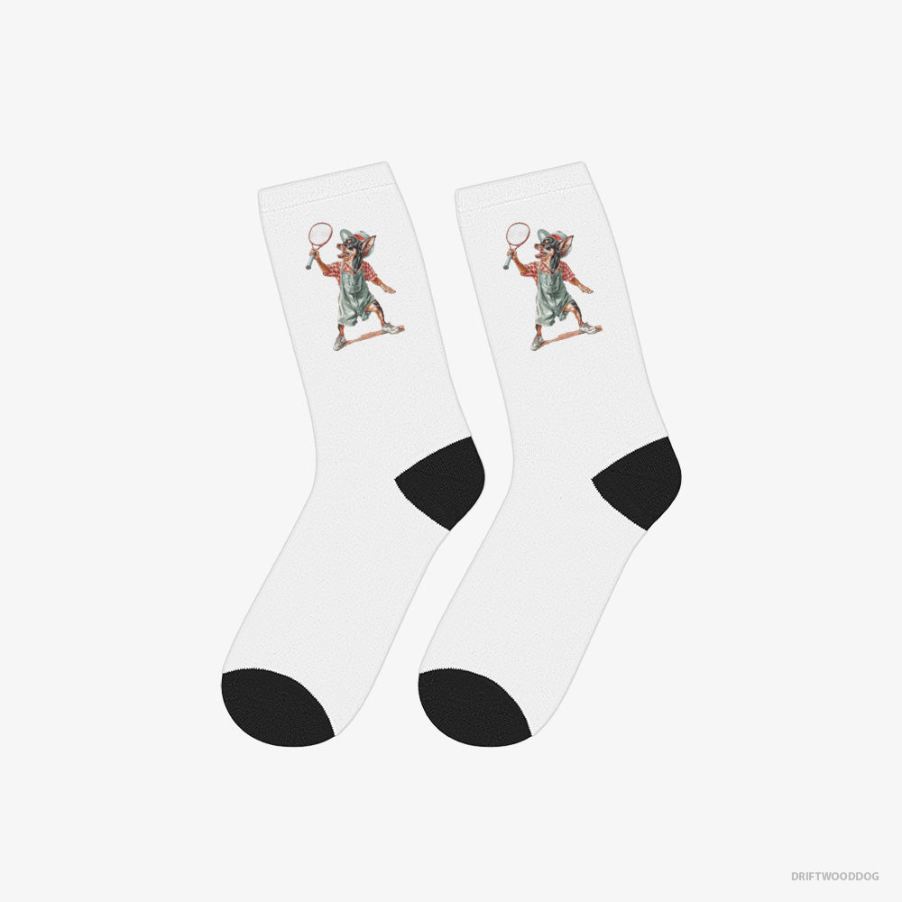 Chihuahua Socks – Unisex White Socks Classic – Playing Tennis on the Tennis Court (on White Background)