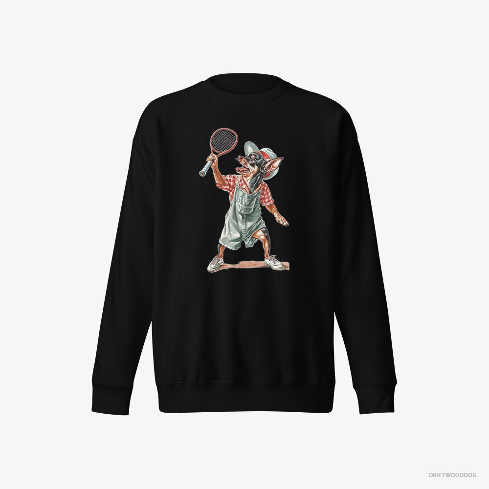 Chihuahua Sweatshirt – Men Black Sweatshirt Eco-Friendly – Playing Tennis on the Tennis Court (on White Background)