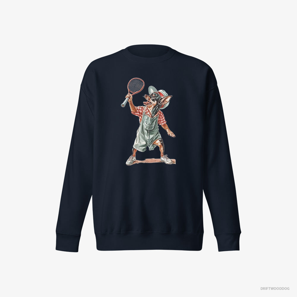 Chihuahua Sweatshirt – Men Navy Sweatshirt Eco-Friendly – Playing Tennis on the Tennis Court (on White Background)