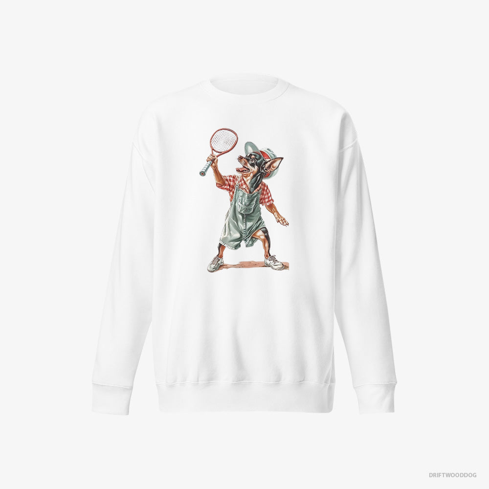 Chihuahua Sweatshirt – Men White Sweatshirt Eco-Friendly – Playing Tennis on the Tennis Court (on White Background)