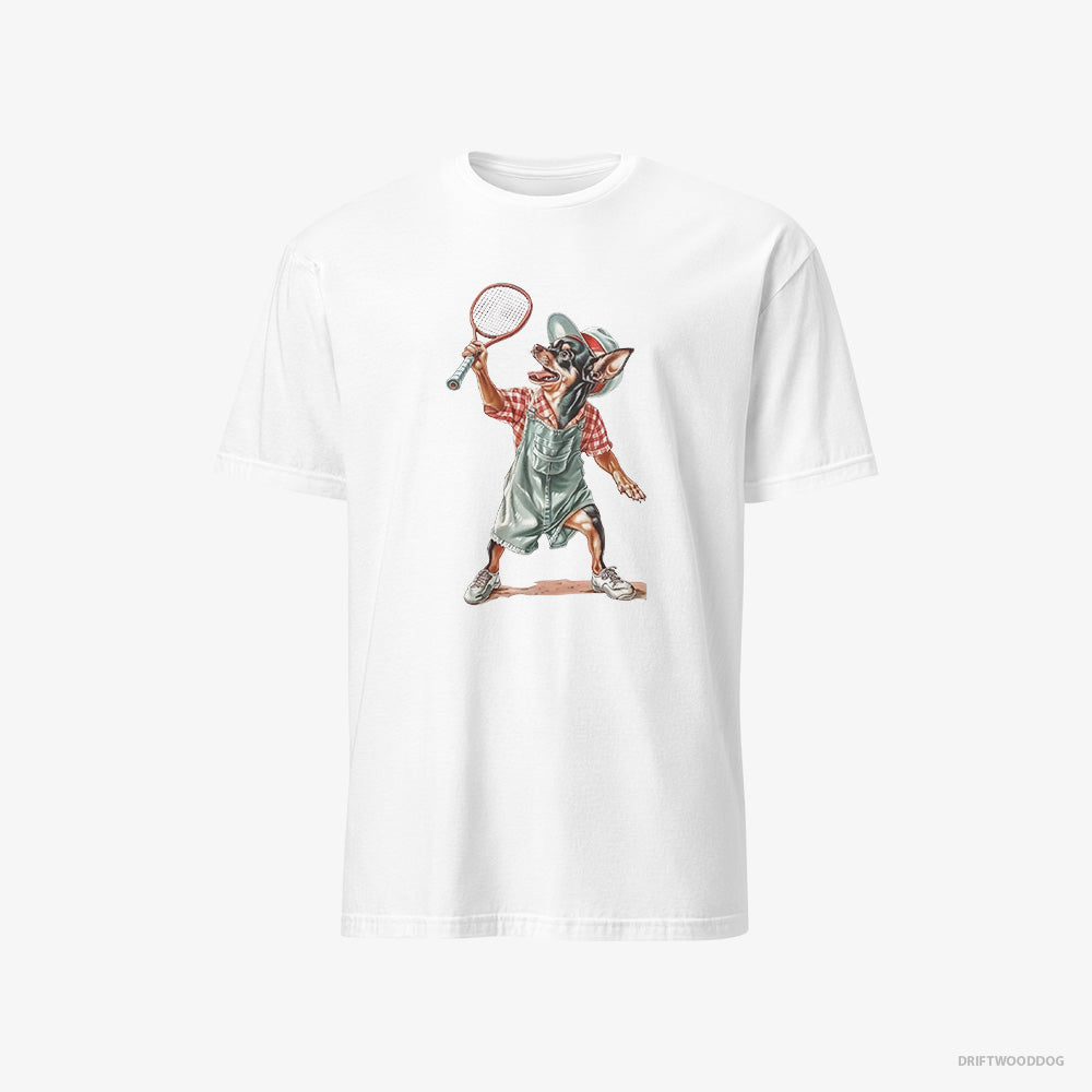 Chihuahua T-Shirt – Men White T-Shirt Classic – Playing Tennis on the Tennis Court (on White Background)