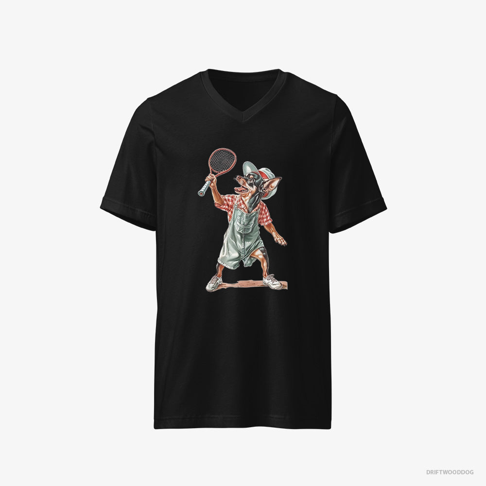 Chihuahua T-Shirt – Men Black T-Shirt V-Neck – Playing Tennis on the Tennis Court (on White Background)