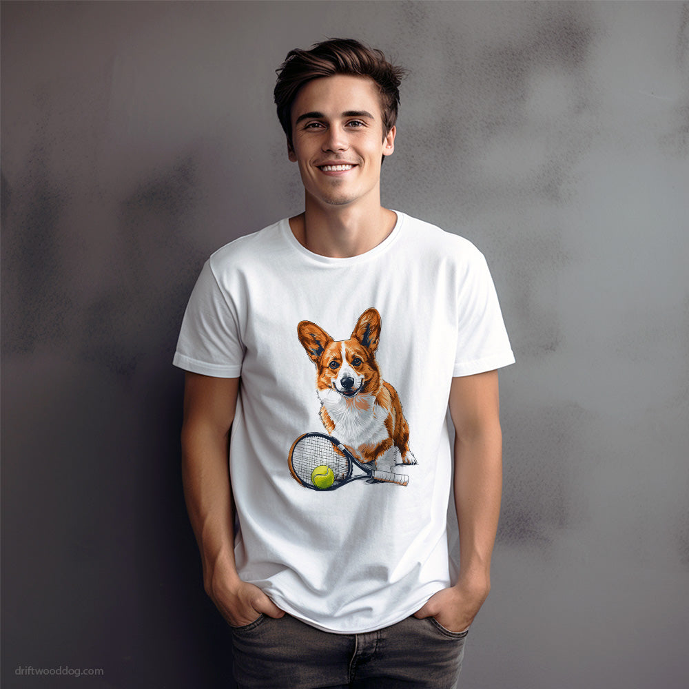 Corgi Ready for Hitting the Tennis Court T-Shirt – Dog Graphic Tee for Men