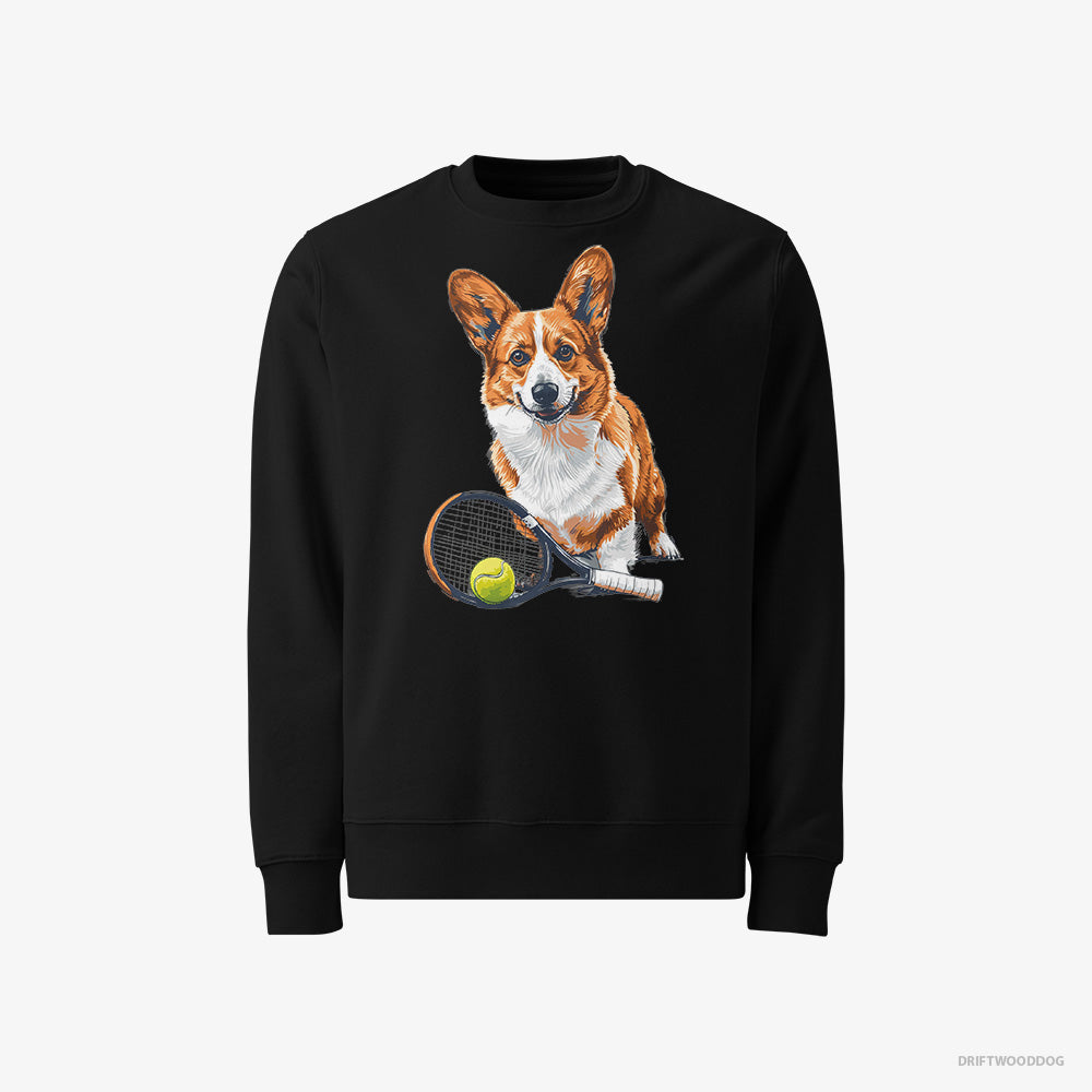 Corgi Sweatshirt – Men Black Sweatshirt Classic – Ready for Hitting the Tennis Court (on White Background)