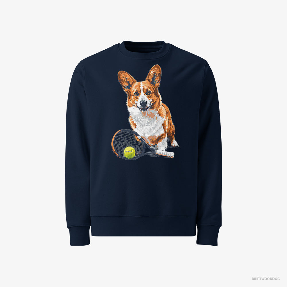 Corgi Sweatshirt – Men Navy Sweatshirt Classic – Ready for Hitting the Tennis Court (on White Background)