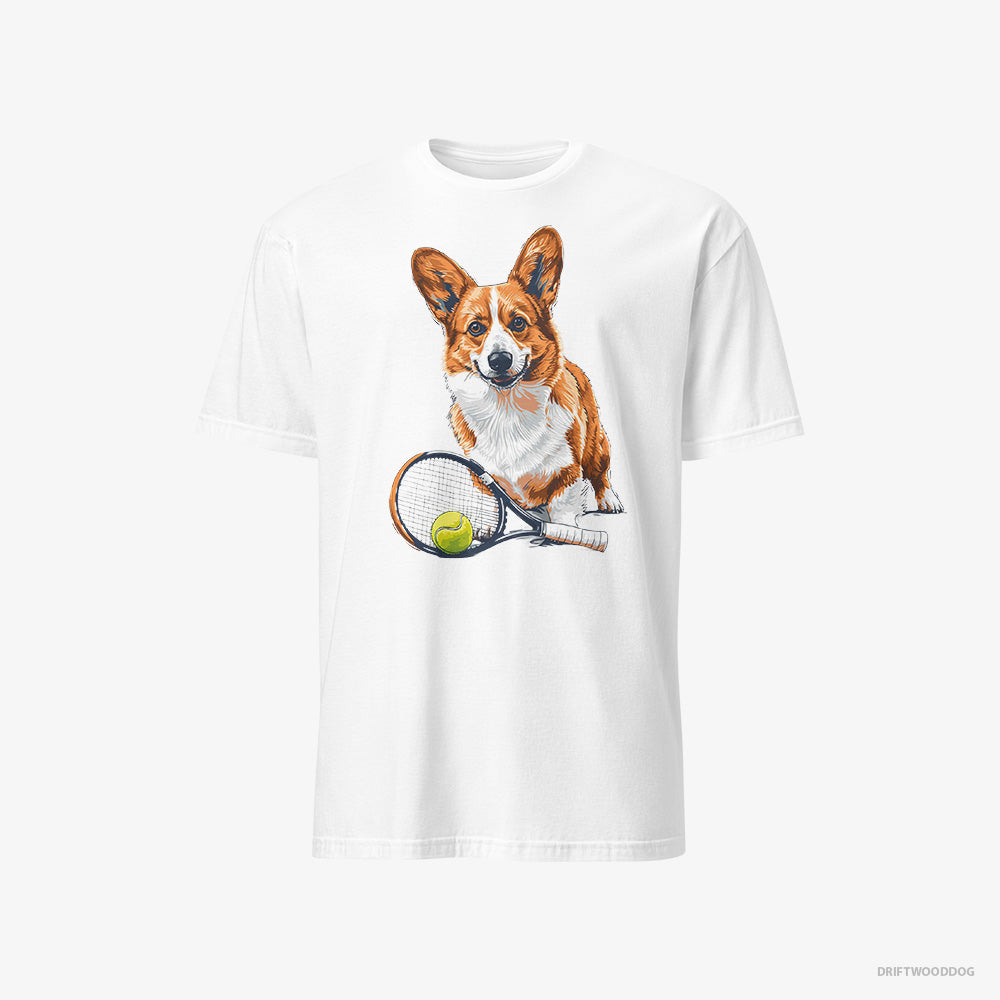 Corgi T-Shirt – Men White T-Shirt Classic – Ready for Hitting the Tennis Court (on White Background)