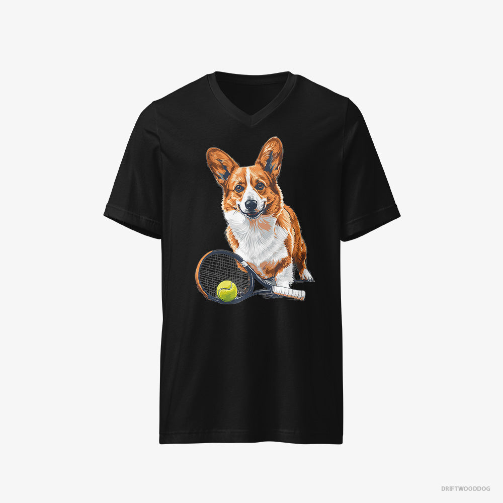 Corgi T-Shirt – Men Black T-Shirt V-Neck – Ready for Hitting the Tennis Court (on White Background)