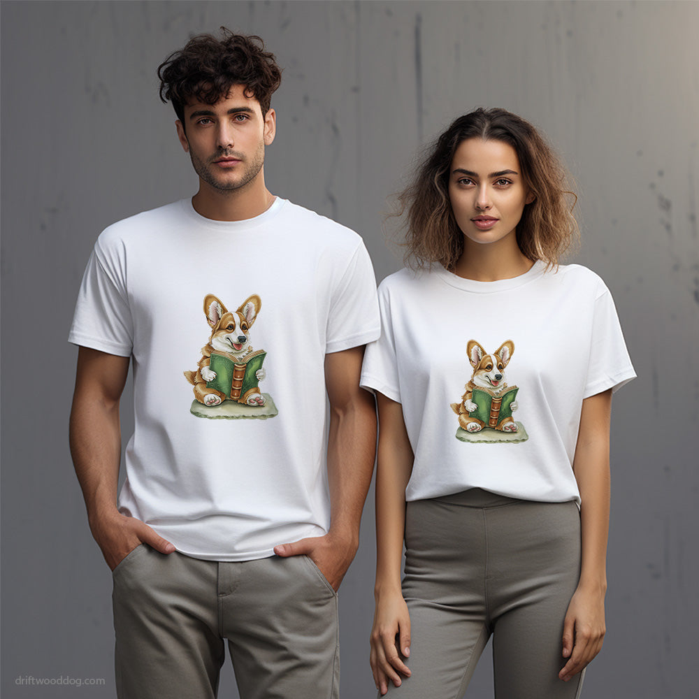 Corgi Reading a Book T-Shirt – Unisex T-Shirt for Dog Lovers 