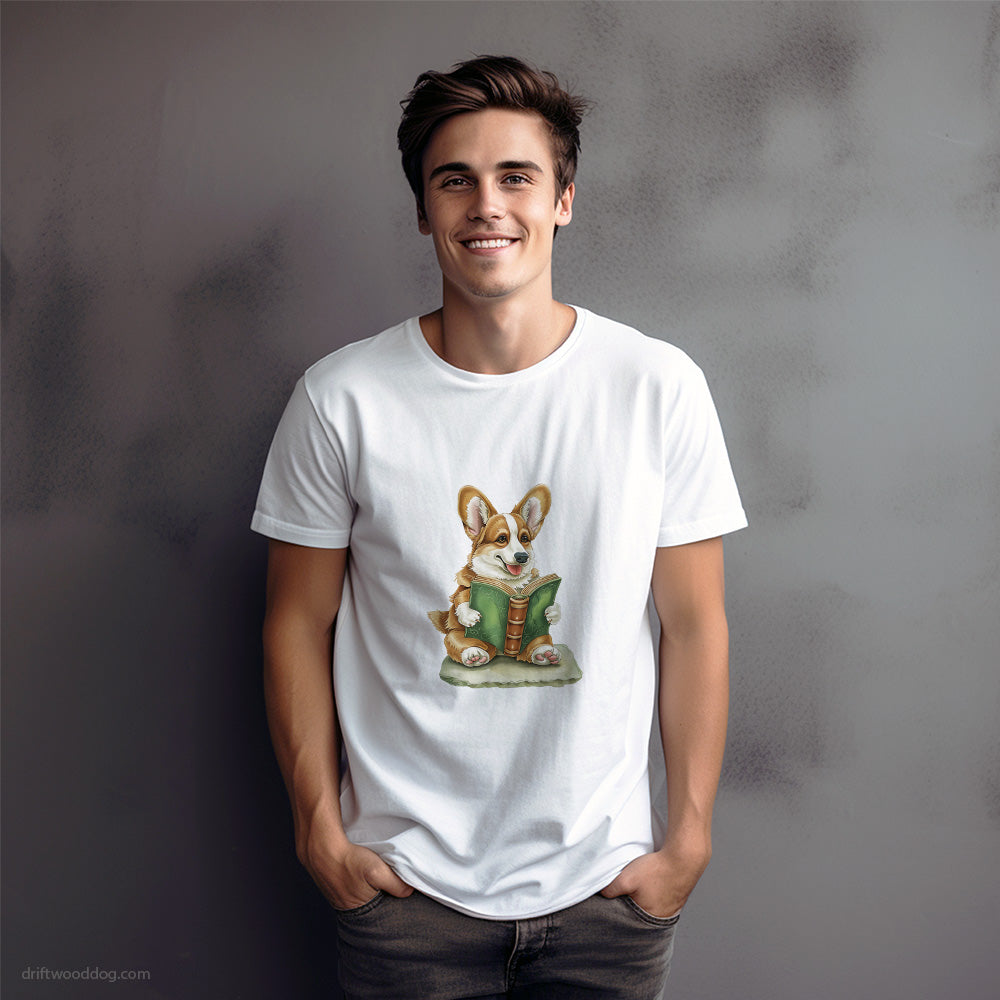 Corgi Reading a Book T-Shirt – Dog Graphic Tee for Men