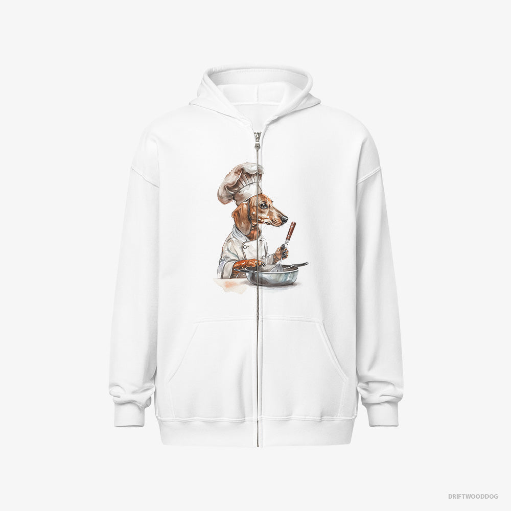 Dachshund Hoodie – Men White Hoodie Full-Zip – Attired Like a Chef (on White Background)