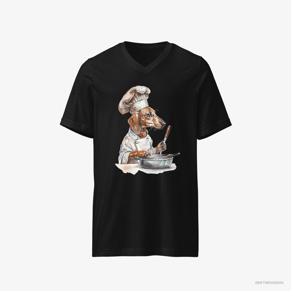 Dachshund T-Shirt – Men Black T-Shirt V-Neck – Attired Like a Chef (on White Background)