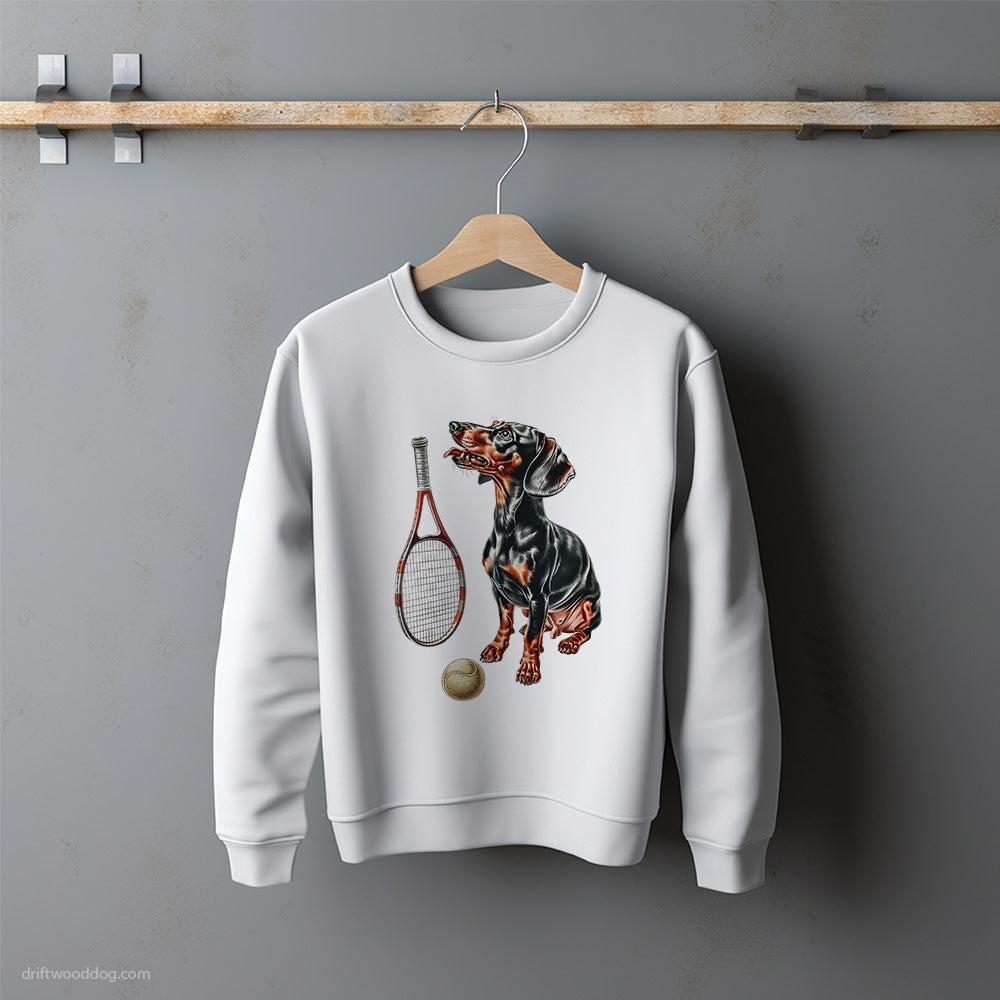 Black Dachshund Ready for a Tennis Match Sweatshirt – Unisex Sweatshirt for Dog Lovers