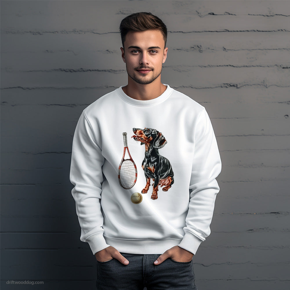 Black Dachshund Ready for a Tennis Match Sweatshirt – Unique Dog Sweatshirt for Men