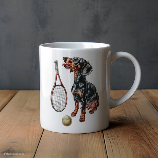 Black Dachshund Ready for a Tennis Match Mug – Unique Dog Cups | Dog-Themed Mugs