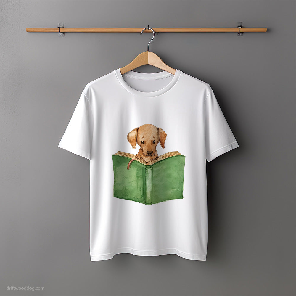 Puppy Dachshund Reading a Book T-Shirt – Unisex Tee for Dog Lovers