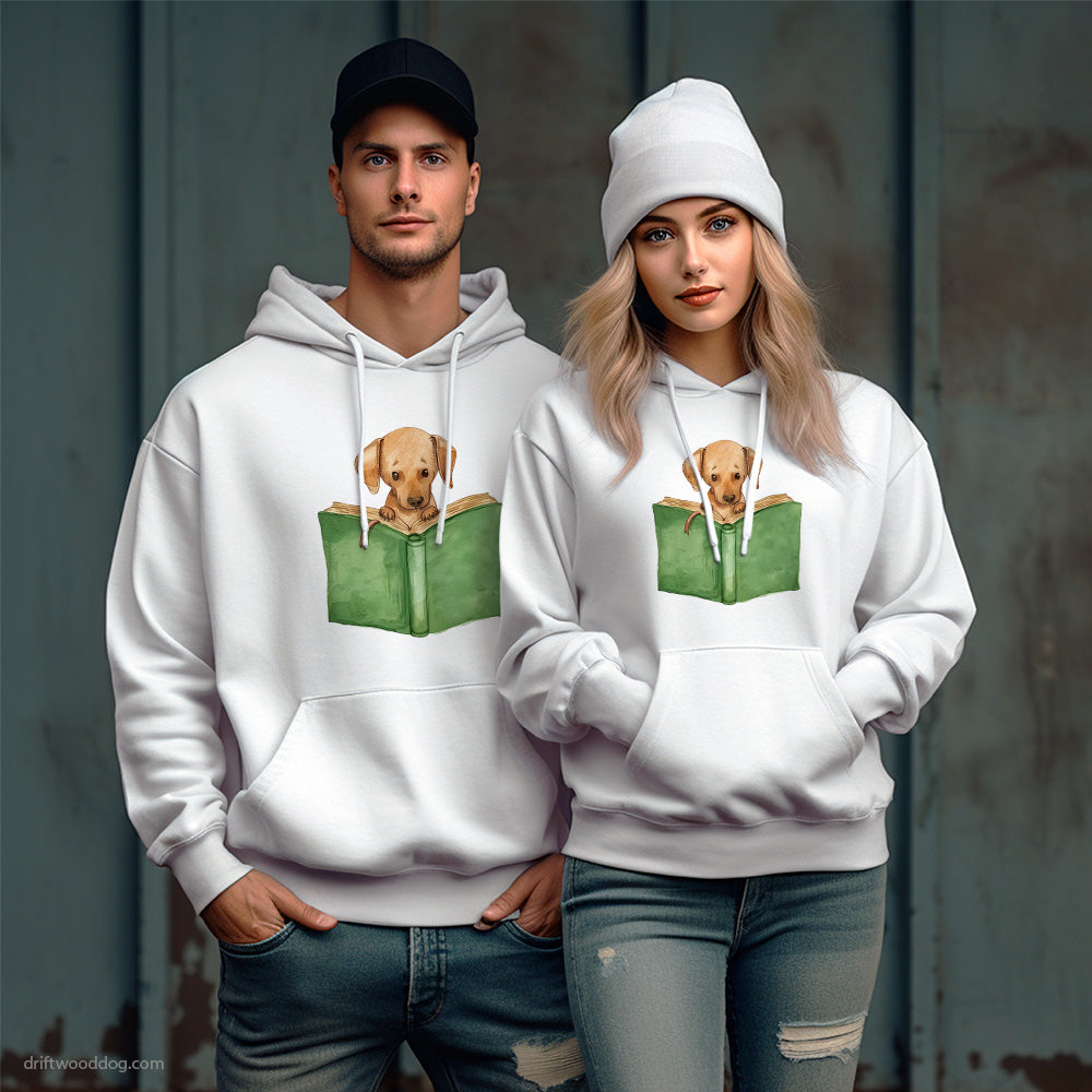 Puppy Dachshund Reading a Book Hoodie – Unique Dog Hoodies for Pet Lovers Gift