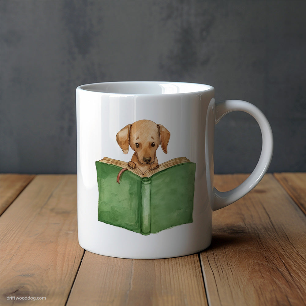 Puppy Dachshund Reading a Book Mug – Unique Dog Cups | Dog-Themed Mugs