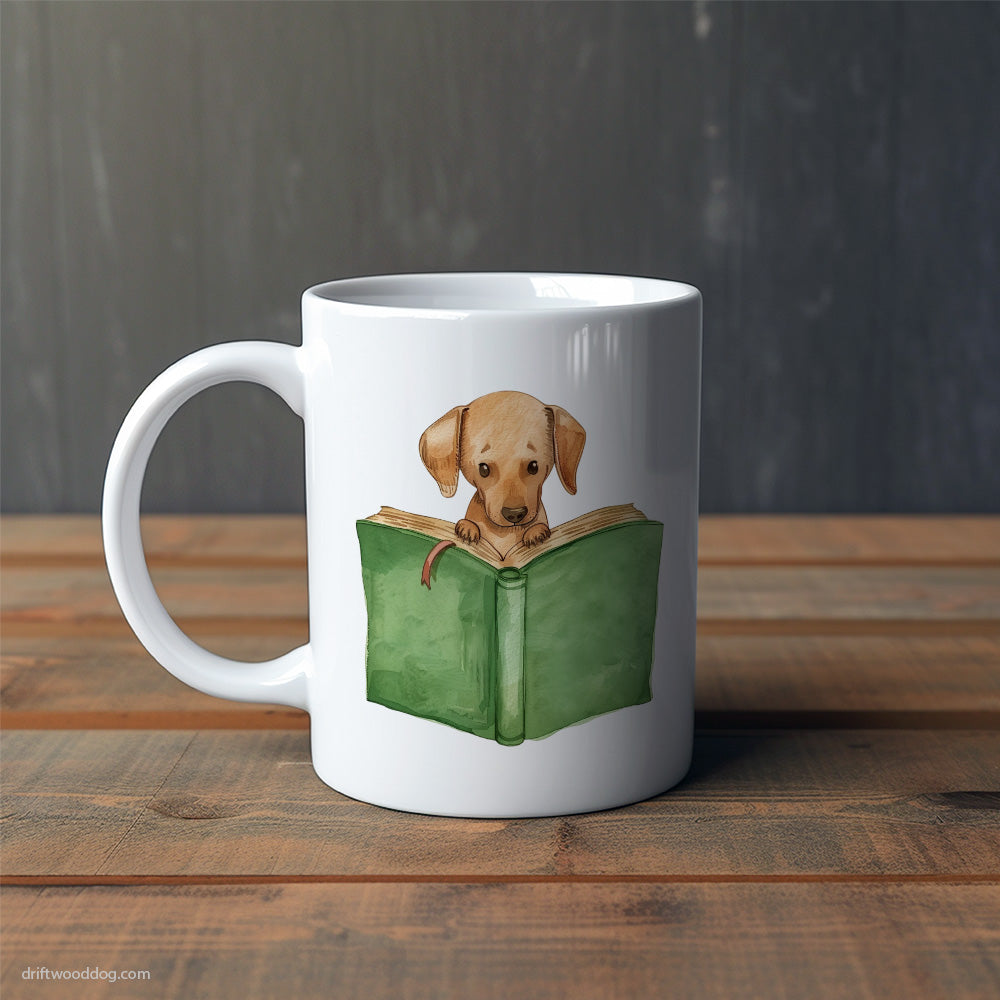 Puppy Dachshund Reading a Book Mug – Cute Dog-Themed Mugs | Perfect Gifts for Dog Lovers