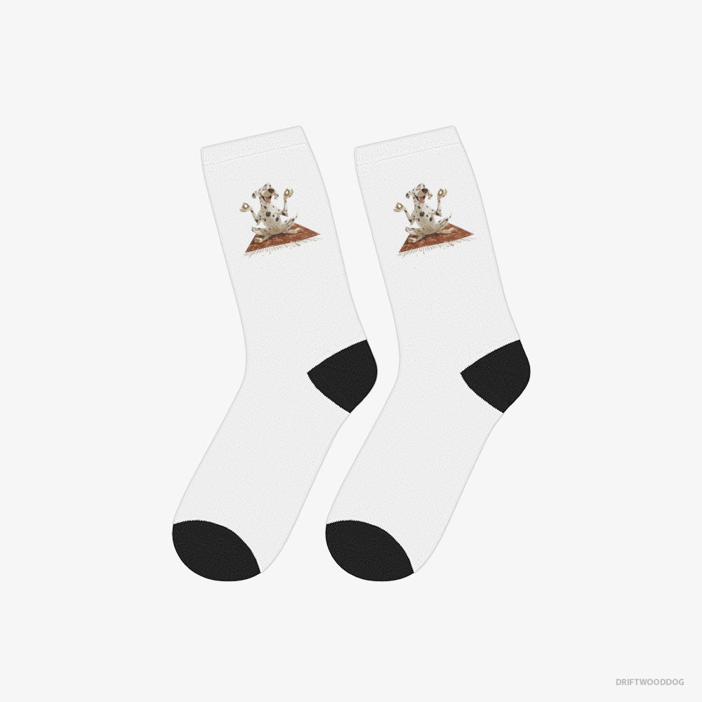 Dalmatian Socks – Unisex White Socks Classic – Doing Yoga (on White Background)