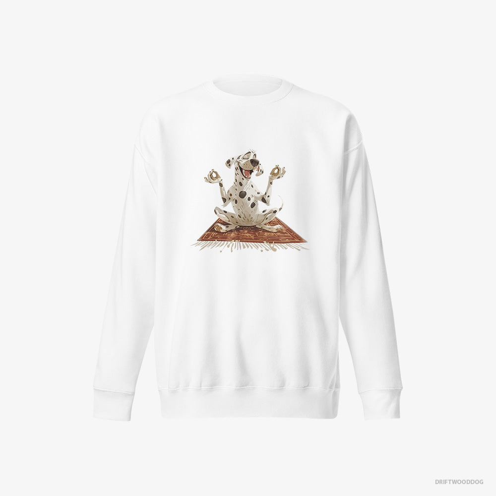 Dalmatian Sweatshirt – Men White Sweatshirt Eco-Friendly – Doing Yoga (on White Background)