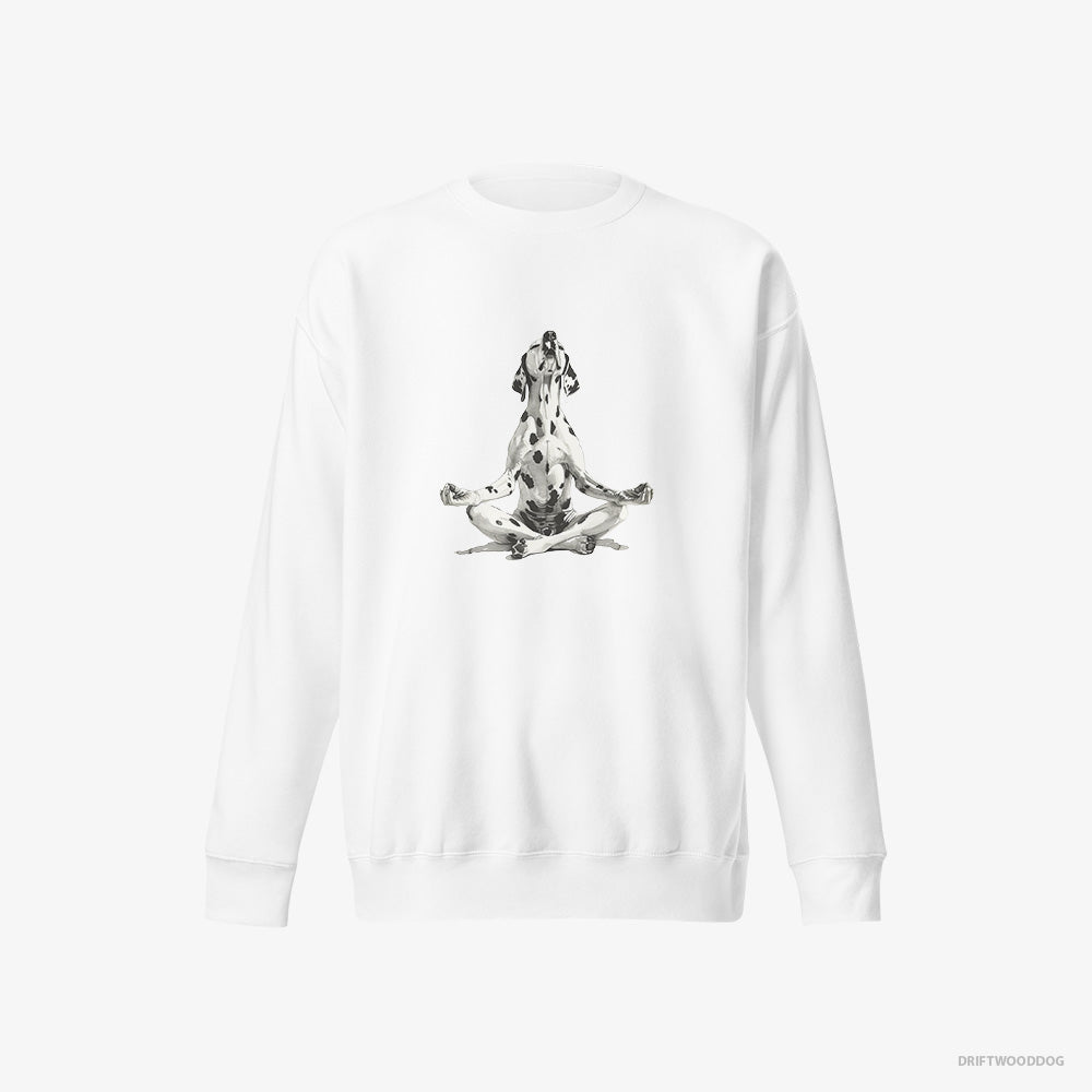 Dalmatian Sweatshirt – Women White Sweatshirt Eco-Friendly – Meditating during Yoga (on White Background)