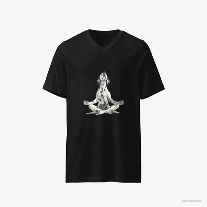 Dalmatian T-Shirt – Men Black T-Shirt V-Neck – Meditating during Yoga (on White Background)