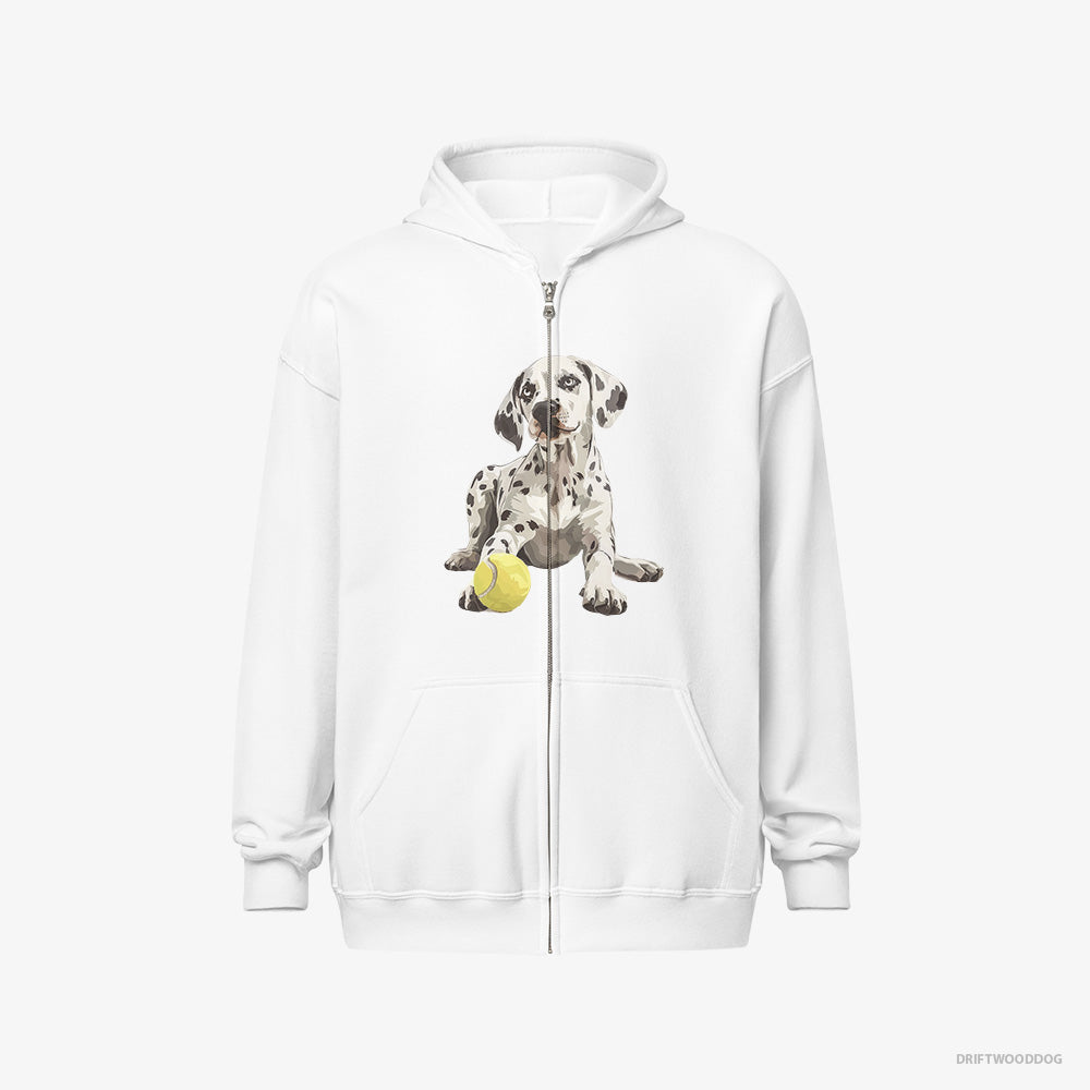 Dalmatian Hoodie – Women White Hoodie Full-Zip – with a Tennis Ball (on White Background)