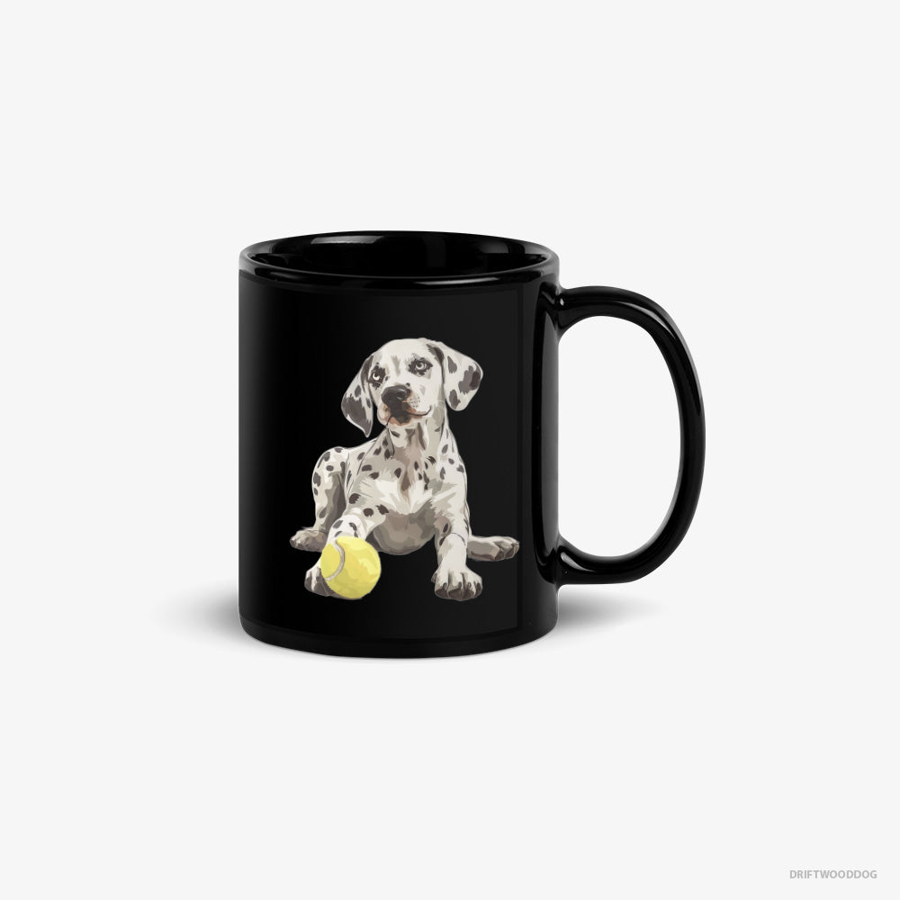 Dalmatian Mug – Unisex Black Mug Classic – with a Tennis Ball (on White Background)