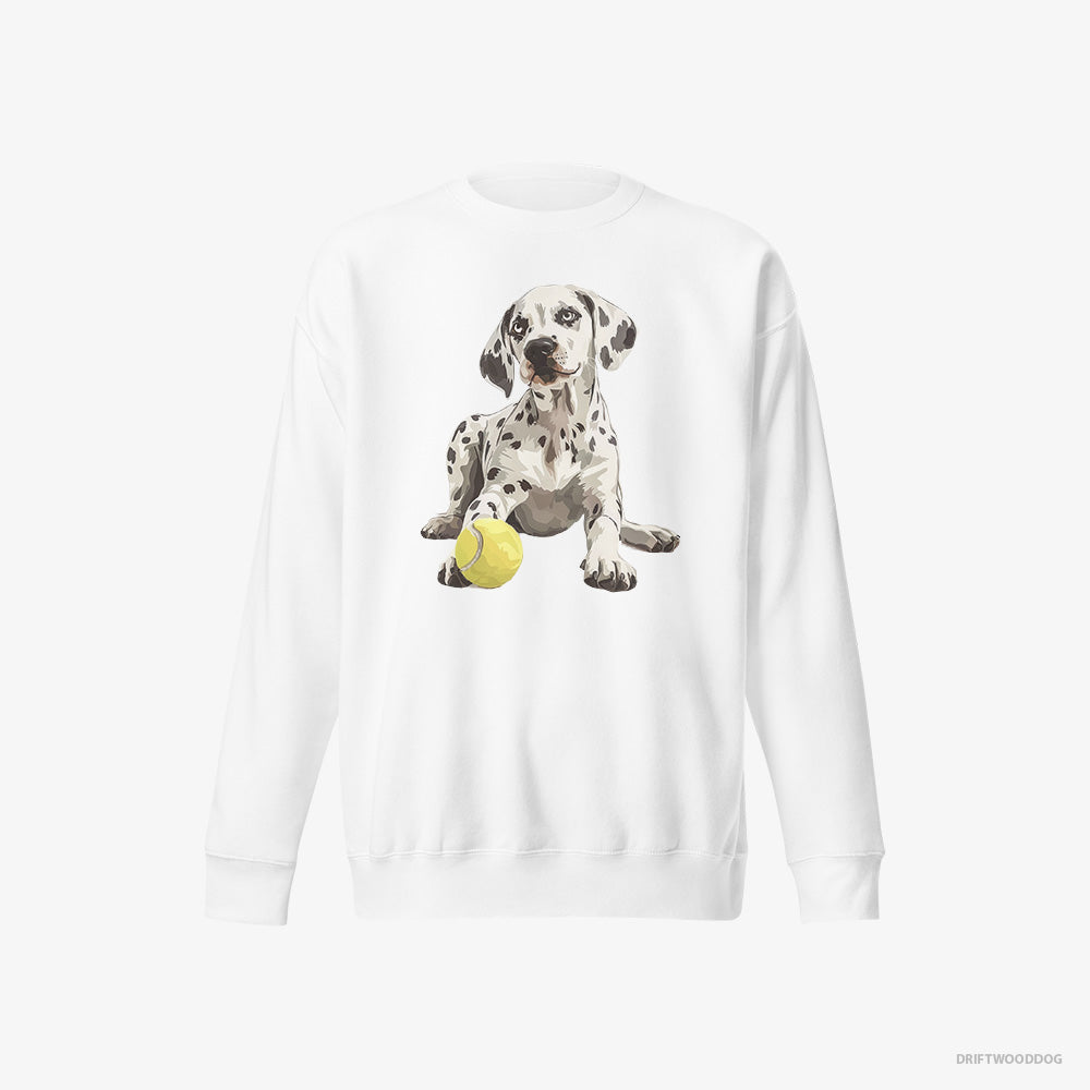 Dalmatian Sweatshirt – Men White Sweatshirt Eco-Friendly – with a Tennis Ball (on White Background)