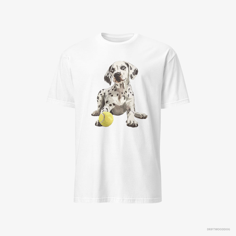 Dalmatian T-Shirt – Men White T-Shirt Classic – with a Tennis Ball (on White Background)