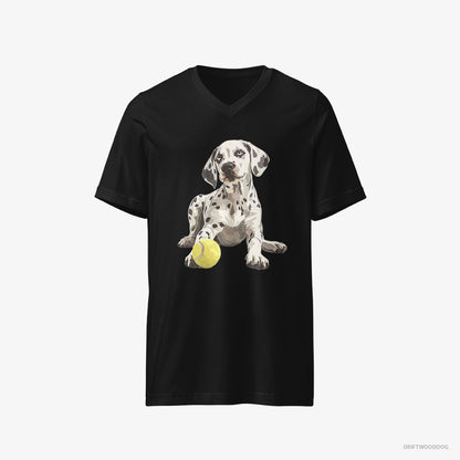 Dalmatian T-Shirt – Men Black T-Shirt V-Neck – with a Tennis Ball (on White Background)