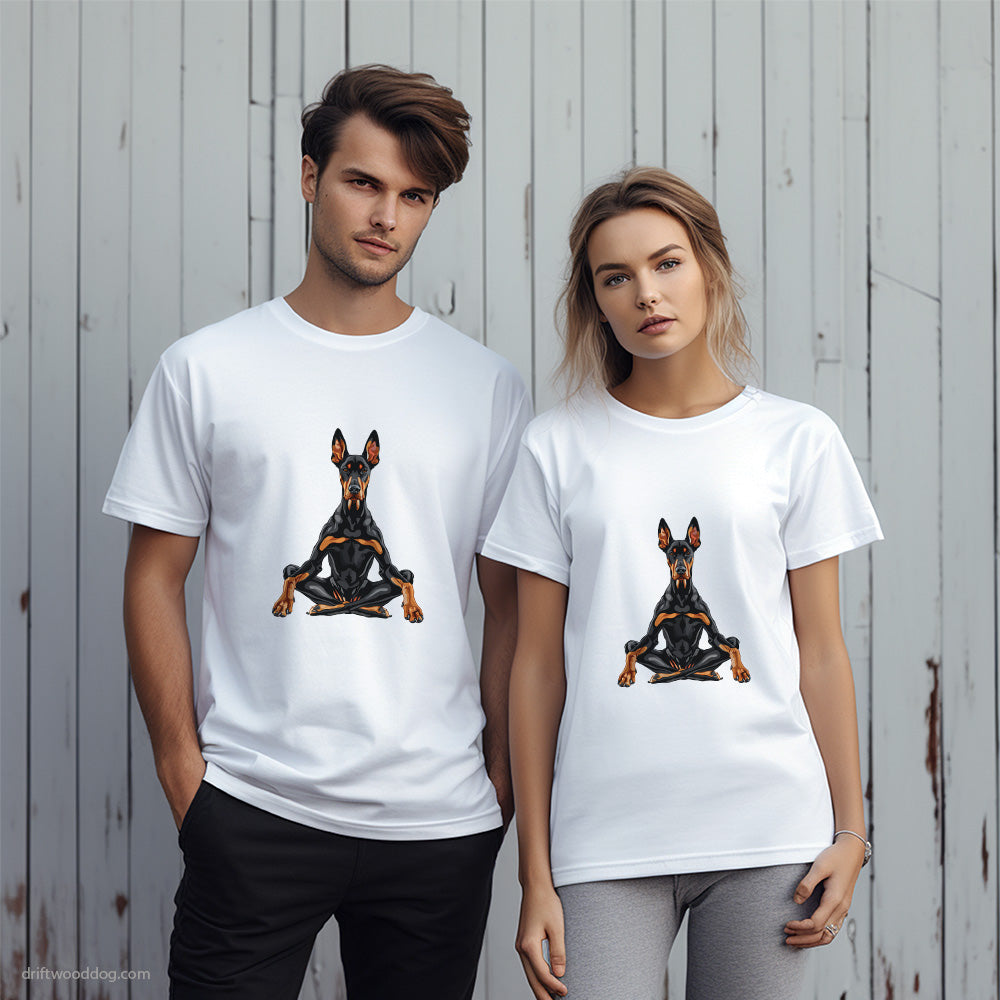 Dobermann Meditating during Yoga T-Shirt – Unique Dog T-Shirts for Pet Lovers