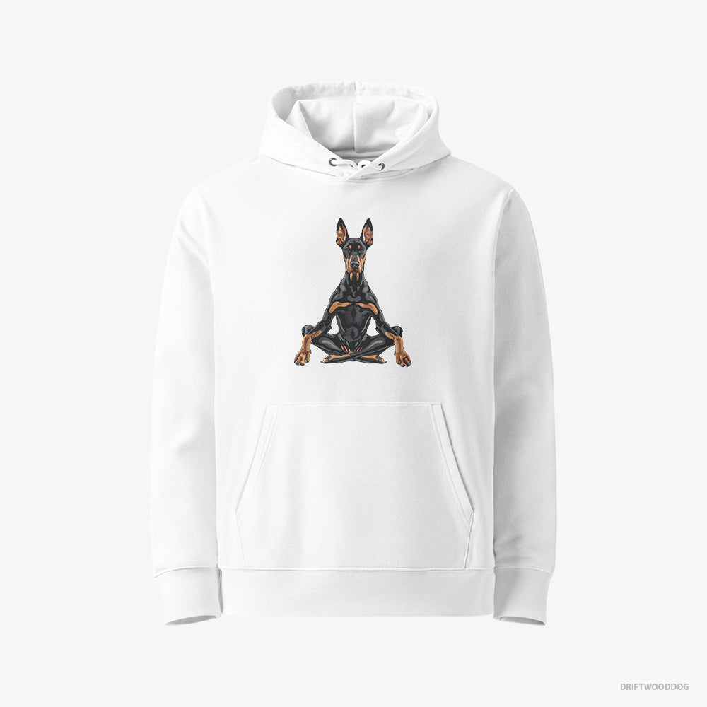 Dobermann Hoodie – Men White Hoodie Eco-Friendly – Meditating during Yoga (on White Background)