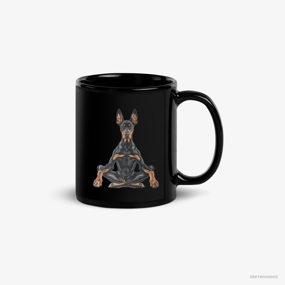 Dobermann Mug – Unisex Black Mug Classic – Meditating during Yoga (on White Background)