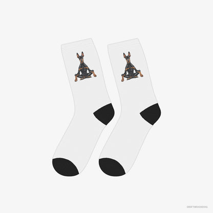 Dobermann Socks – Unisex White Socks Classic – Meditating during Yoga (on White Background)