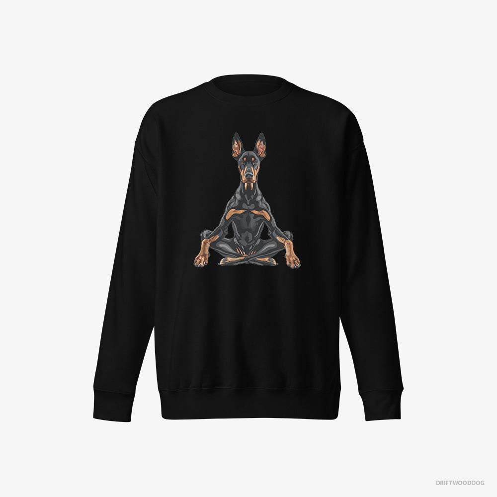 Dobermann Sweatshirt – Men Black Sweatshirt Eco-Friendly – Meditating during Yoga (on White Background)