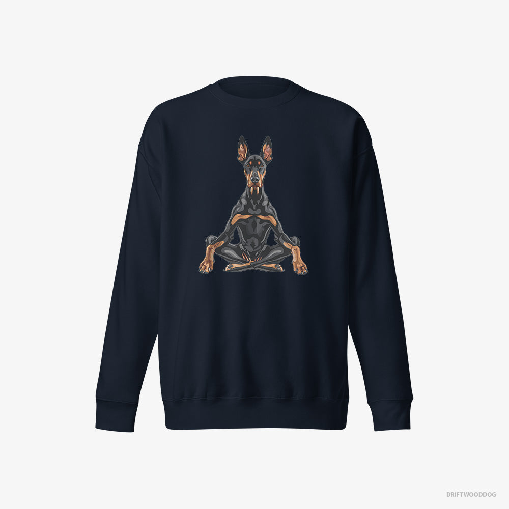 Dobermann Sweatshirt – Women Navy Sweatshirt Eco-Friendly – Meditating during Yoga (on White Background)