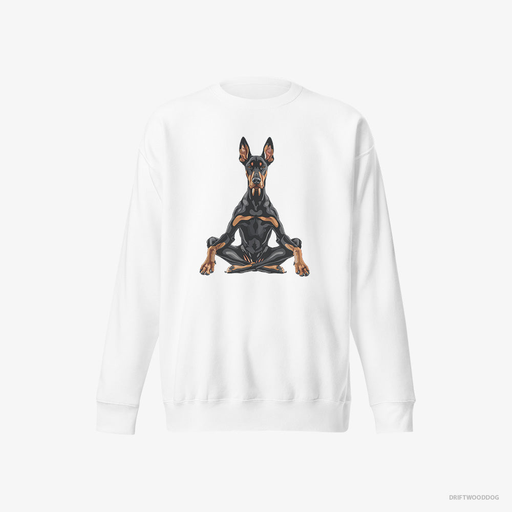 Dobermann Sweatshirt – Men White Sweatshirt Eco-Friendly – Meditating during Yoga (on White Background)