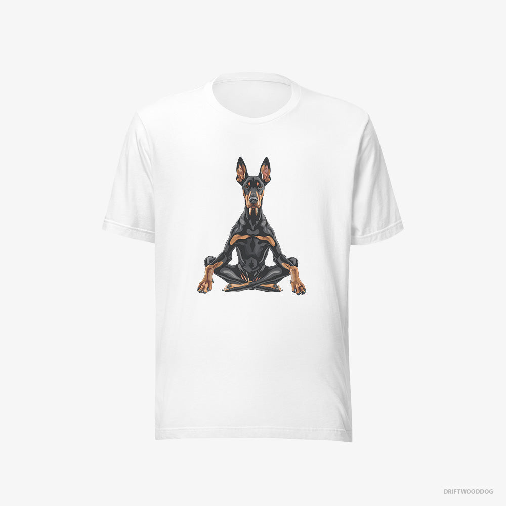 Dobermann T-Shirt – Men White T-Shirt Eco-Friendly – Meditating during Yoga (on White Background)